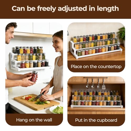 3-Tier Spice Rack Organizer for Kitchen Cabinet or Pantry, 16"-29" Expandable Spice Organization Shelf, Seasoning Organizer, Metal Display Shelf, Slip-Resistant Design for Jars and Bottles, White - size: Small-White- Fits 9.25" Deep Cabinet