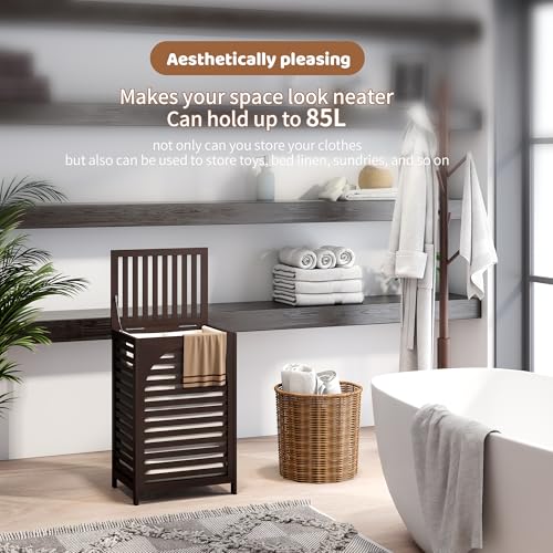 FILWH Laundry Hamper with Lid (16.9 * 13 * 26.5inches) Large Bamboo Laundry Bin Basket 85L Clothes Hamper with 1 Removable Bag Storage baskets for Bathroom(Brown) - color: Brown