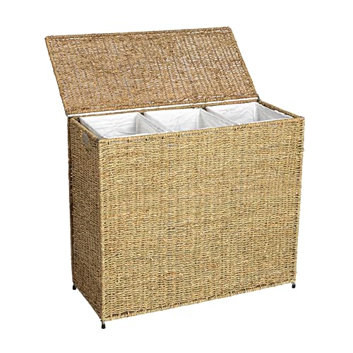 Household Essentials Brown ML-5445 Wicker 3 Compartment Laundry Sorter with Lid | 3 Section Clothes Hamper - color: Brown