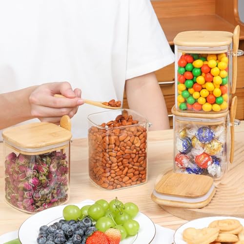 ComSaf 0.8 Qt Glass Jars with Bamboo Lids & Spoons Set of 4, Square Glass Containers with Lids, Sugar Coffee Containers Salt Spice Jars, Pantry Storage Container for Loose Tea, Candy, Brown Sugar, Nut - size: 0.8Qt*4