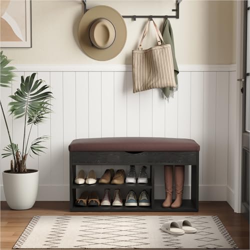 Apicizon Entryway Bench with Shoe Storage, Black, 2-Tier Shoe Rack, Padded Cushion, Wooden Frame - color: Black, size: 31 Inch