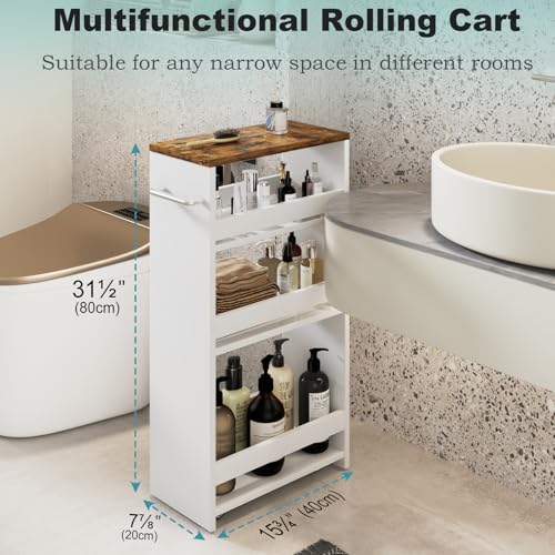 MARTY Rolling Storage Cart 7.9" W, 4-Tier Kitchen Cart with Wheels Handle, Slim Storage Cart Mobile Shelving Utility Carts for Bathroom Laundry Room Organization Narrow Places (White) - color: White, size: 7.9"D x 15.75"W x 31.5"H