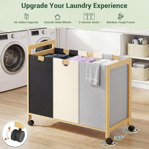 Homykic 250L Laundry Sorter Cart with Wheels, 3-Section Rolling Laundry Basket with Removable Bags, 66 Gal Large Laundry Hamper Organizer, Heavy Duty Bamboo Frame, Water-Resistant, Multicolor - color: Multicolor