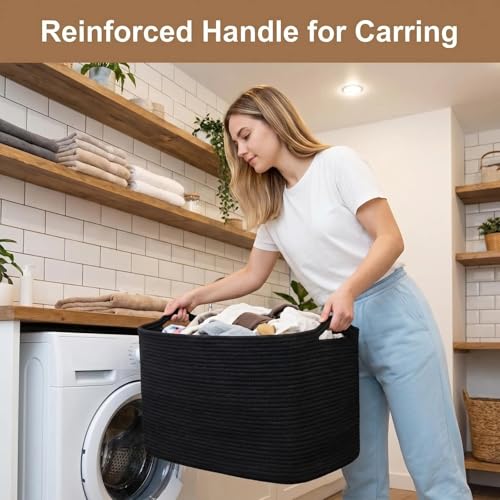 Optish 95L Large Blanket Basket, Woven Storage Baskets with Reinforced Handles, Rope Laundry Basket for Living Room, Bedroom, Nursery, Toys, Clothes,Pillows, 24” x 17” x 13.5”, Black - color: Black, size: 24" x 17" x 13.5"(95L)