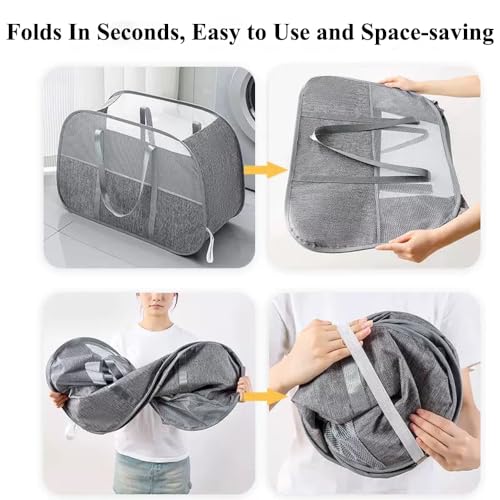 150L Collapsible Laundry Basket, 3-Compartment Foldable Hamper with Handles, Durable & Lightweight Clothes Organizer for Laundry Room, Dorm, Travel - Grey