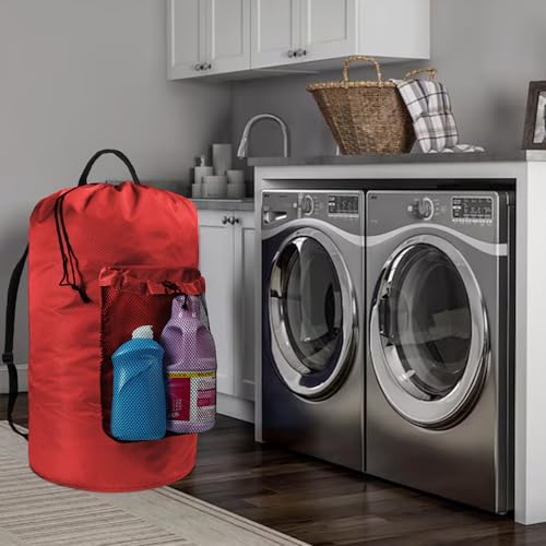 Laundry Bag with Shoulder Straps and Mesh Pocket Laundry Backpack Large Portable Laundry Hamper for College Laundromat Apartment (Red) - color: Red