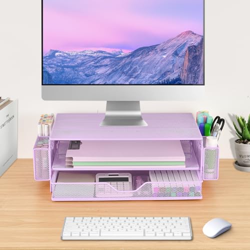 AUPSEN Computer Monitor Stands Riser，2-Tier Desk Organizers and Accessories, Office Desk Accessories Organizer with Drawers and 2 Pen Holder for Office Supplies (Purple) - color: Purple Metal