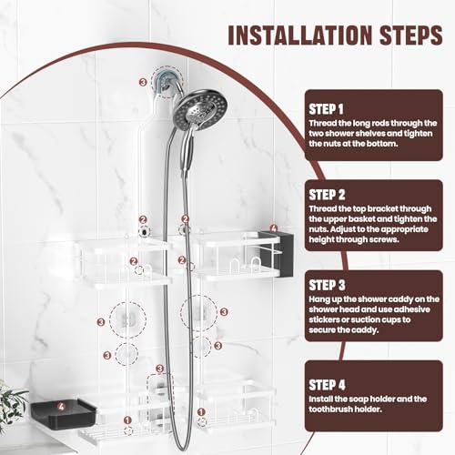 REINHARDT Adjustable Shower Caddy Hanging Rustproof Shower Caddy for Handheld Showerheads, Shower Organizer with Hooks Soap Holder Toothbrush Holder, Anti-Swing Shower Rack Bathroom Accessories, White - color: White