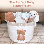 Pink Teddy Bear Storage Basket for Baby Girl Nursery – 15"x11" Cotton Rope Bin with Embroidered Bear Patch – Toy Organizer, Baby Laundry Hamper, Blanket & Diaper Holder – Foldable & Washable - color: Girl Teddy