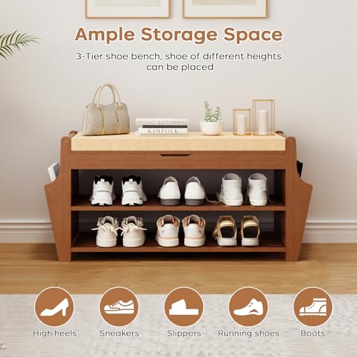 oakvivo 34.3in Shoe Bench, Bamboo 3-Tier Entryway Bench with Storage, Shoe Rack Organizer Holds Up to 330 lb, 34.3 x 11.8 x 18.9 Inches for Entryway Bedroom Closet Living Room Hallway - size: 34.3 inch