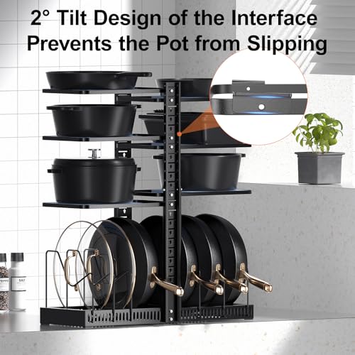 LAMU Pots and Pans Organizer under Cabinet, Expandable to 24" H Pan Organizers inside Cabinet for Kitchen Storage, 6 Adjustable Tiers and 6 Pot Lid Organizer Racks, Holds 12 Cast Iron Cookware Black