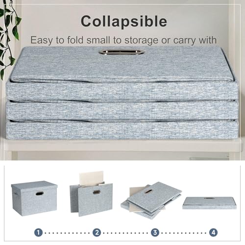 Graciadeco Large 17" 36 Quart Collapsible Stackable Storage Bins with Lids, 3 Packs Blue-Grey Linen Fabric Closet Boxes with Lids, Storage Cube Baskets Container Organizers for Bedroom (17x12x11) - color: Blue-Grey, size: Large -3 Pack