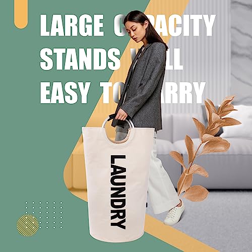 Caroeas 100L Laundry Basket,Large Laundry Hamper, Laundry Bag with Padded Handles, Clothes Hamper Stands Up Well, Collapsible Free Standing Easy Storage Washing Bin (Beige,100L) - color: Beige, size: 100L
