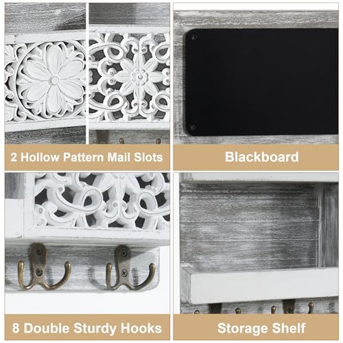 Mail Organizer Wall Mounted, 2 Slots Key Holder for Wall with 8 Hooks, Rustic Wood Key Rack with Shelf for Entryway Hallwall Farmhouse - size: Large