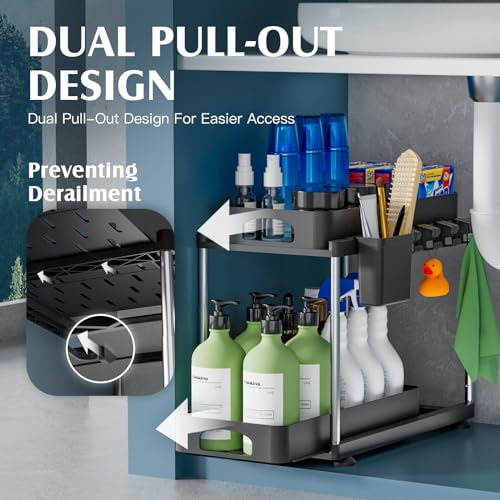 VERIFOST 2 Pack Under Sink Organizer, 2 Tier Under Sink Organizers and Storage for Kitchen Bathroom, Height Adjustable Cabinet Organizer with Two Slide-Out Drawers,Black - color: Black