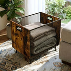 Blanket Storage, Laundry Hamper Laundry Basket With Rustic Industrial Design, Blanket Basket For Living Room, Wood And Metal Mesh Construction