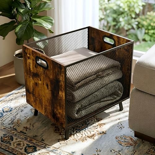 Blanket Storage, Laundry Hamper Laundry Basket With Rustic Industrial Design, Blanket Basket For Living Room, Wood And Metal Mesh Construction