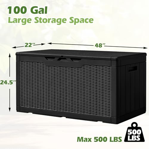 Greesum 100 Gallon Resin Deck Box Large Outdoor Storage, Imitation Rattan Weave Texture for Patio Furniture, Garden Tools, Pool Supplies, Weatherproof and UV Resistant, Lockable, Dark Black - color: Dark Black, size: 100 Gallon