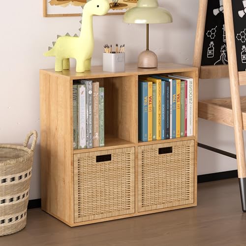 Wooden 4 Cube Storage Organizer with Closed Back Panel,White Cube Shelf Cubby Storage Organizers with Compartments for Living,Bookshelf,Organizers Easy to Install (Oak, 4 Cube) - color: Oak, size: 4 Cube-11in