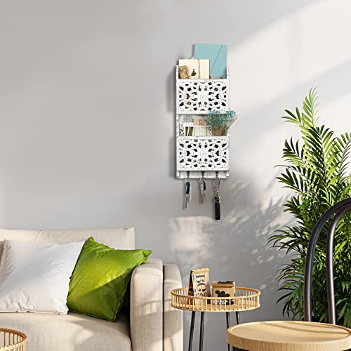Key and Mail Holder for Wall Mail Holder for Wall, 2-Slot Mails Organizer with 3 Hooks, Key Hangers Rustic Wooden Walls Organizers for Letter Magazines - size: Small