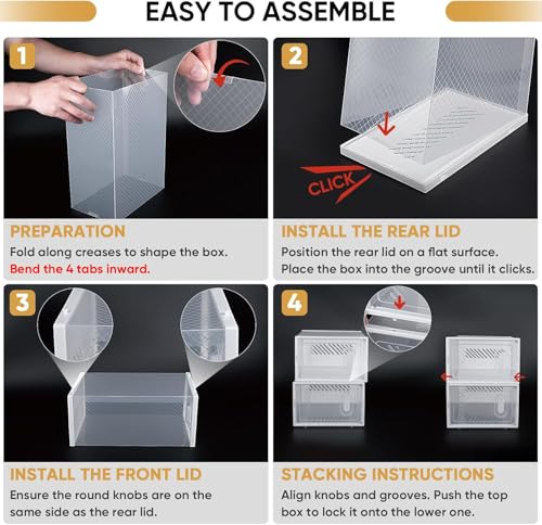 BALEINE 3 Pack Stackable Shoe Storage Boxes Fit Size 9, Thickened Clear Shoe Box Bins with Lids, Plastic Foldable Shoe Rack Organizer Sneaker Storage Containers (Large, White) - color: White, size: Large Fits Size 9-3PK