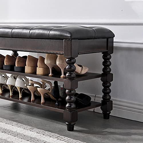 LEILISI Shoe Bench, Wood Storage Bench with Cushion Seat, Shoe Rack with Hidden Storage Space for Entryway Living Room Bedroom Hallway (Walnut, 31.5'') - color: Walnut, size: 31.5