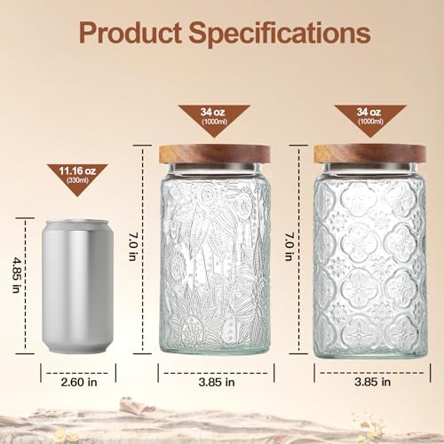 2-Pack 34 OZ Vintage Glass Jar with Lid, Airtight Food Storage Canisters with Bamboo for Kitchen Counter Pantry, Ideal for Coffee, Candy, Tea, Oats, Sugar, Cookies Decorative Jars - color: 34oz-Sunflower+Begonia