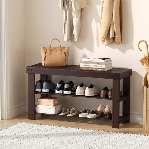 Sweetcrispy Shoe Rack Bench, 3-Tier Bamboo Entryway Storage Organizer, 286lb Capacity, Shoes Stand for FrontDoor Entrance, Bedroom, Living Room, Bathroom, Balcony, 35 Inches Length, Brown - color: Brown, size: 35 inches WIdth