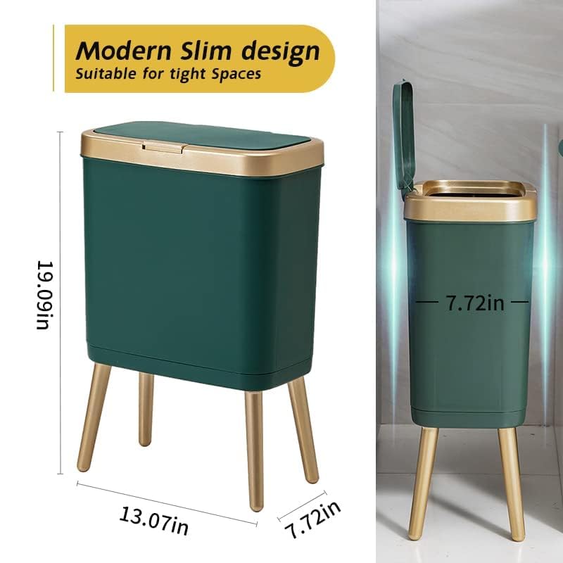 Procade Trash Can with Lid,Small Bathroom Garbage Can with Lid, Plastic Trash Can with Push Button,Narrow Waste Basket for Bedroom,Living Room, Toilet,Office,Kitchen,4 Gal-Gold Edge - color: Green