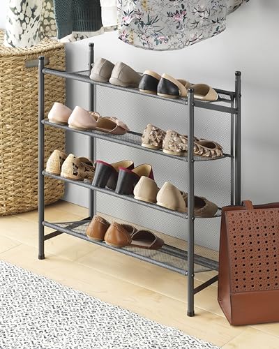 Whitmor Metal & Mesh 4-Tier Shoe Rack, Store up to 12 Pairs of Shoes, Stackable, 9" L x 21.6" W x 27" H, Gunmetal - size: 4-Tier,Gunmetal