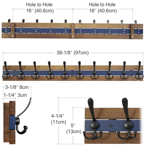 SKOLOO Rustic Wall Mounted Coat Rack - 38-1/8" Long Coat Hooks for Wall with 10 Triple Hooks for Hanging Coats, Hats or Tools, Western National Parks Collection, Wood Brown & Blue - color: Blue & Brown Plates & Black Hook, size: 1 Item-10 Hooks