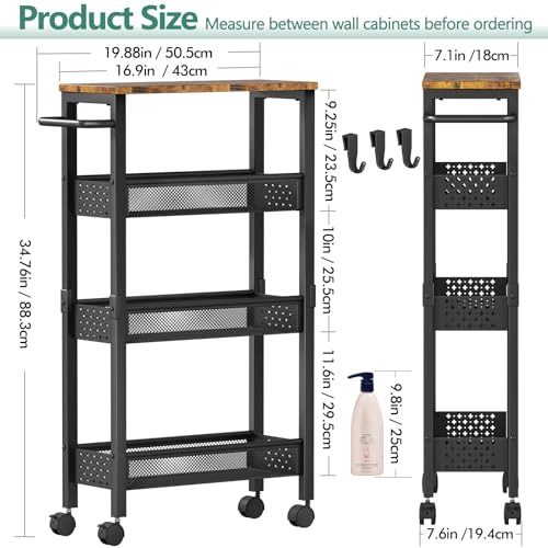 Vivihomety Utility Slim Storage Cart with Wheels, 4 Tier Small Rolling Cart with Wood Top, Metal Kitchen Bathroom Laundry Room Organization Trolley with Handle for Narrow Space – Black - color: Black, size: 7.1 inch wide
