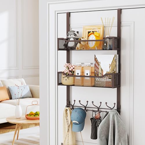 SWTYMIKI Over The Door Hooks Organizer - Multi-Functional Door Hanger with 16 Hooks & 2 Mesh Baskets, Long Coat Rack for Bathroom, Bedroom, Living Room, Home Storage Organizer, Bronze - color: Bronze
