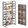 4NM 5 Tiers No Assembly Book Shelves, 51.2" H Folding Bookshelf Bookcase Open Industrial Foldable Shelves for Bedroom, Living Room, Home Office - Rustic Brown Black - color: Rustic Brown Black, size: XX 5-Tier