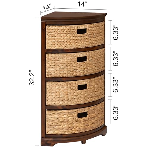 eHemco Hampton Meadows 4 Tier X-Side Corner Table Storage Cabinet with 4 Wicker Baskets, Walnut - color: Walnut, size: 14"D x 14"W x 32.2"H (4 Drawers)