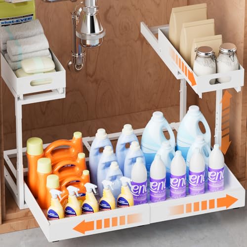 Upgrade 1 Pack Expandable Under Sink Organizers and Storage, 2 Tier Metal Pull Out Cabinet Organizer with 3 Slide Rails, Adjustable Height Slide Out Under Sink Drawers for Kitchen Bathroom Pantry - size: 1 Pack 15”-25”