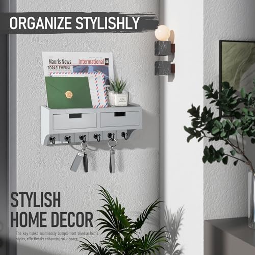 Rebee Vision Modern Farmhouse Decor Key Holder Wall Mount Combo - Stylish Key and Mail Holder for Wall with Drawer Organizer and Floating Shelves - Apartment Essentials for Home Decor (Gray)