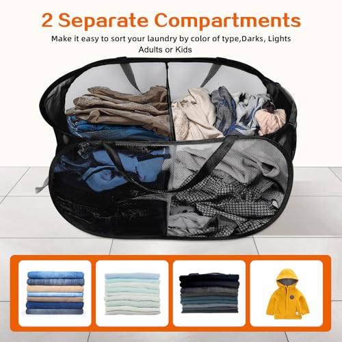 Foldable Laundry Baskets, Collapsible Mesh Laundry Hamper, Durable Pop Up Laundry Basket, 2 Compartments Clothes Hampers for Laundry, Easy to Carry & Sort for Dorm, Home, Kids Room, Travel Black - color: Black, size: 2 Compartments