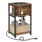 VASAGLE Side Table with Charging Station, 3-Tier End Table with USB Ports and Outlets, Nightstand for Living Room, Bedroom, 11.8 x 13.4 x 22.8 Inches, Plug-in Series, Rustic Brown and Black - color: Rustic Brown + Black