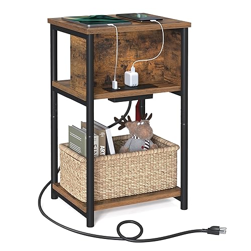 VASAGLE Side Table with Charging Station, 3-Tier End Table with USB Ports and Outlets, Nightstand for Living Room, Bedroom, 11.8 x 13.4 x 22.8 Inches, Plug-in Series, Rustic Brown and Black - color: Rustic Brown + Black