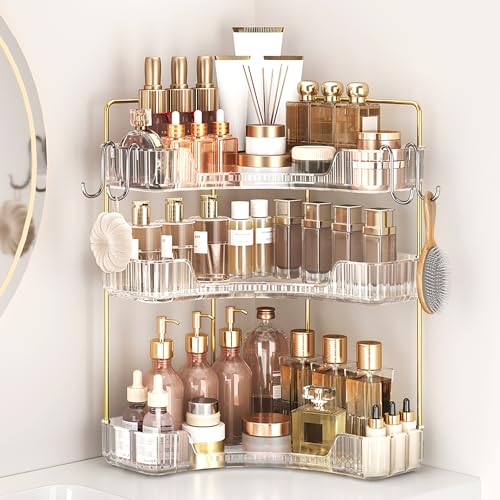 Corner Bathroom Counter Organizer 3-Tier Bathroom Organizer Countertop with Hooks Perfume Organizers Storage Shelf for Makeup & Skincare Dresser-Clear - color: Clear, size: 3 Tier