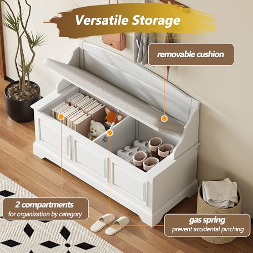Knocbel Rustic Entry Storage Bench with Hidden Compartments and Removable Cushion, Wooden Entryway Hallway Foyer Shoe Bench Bedroom End of Bed Bench (White) - color: White