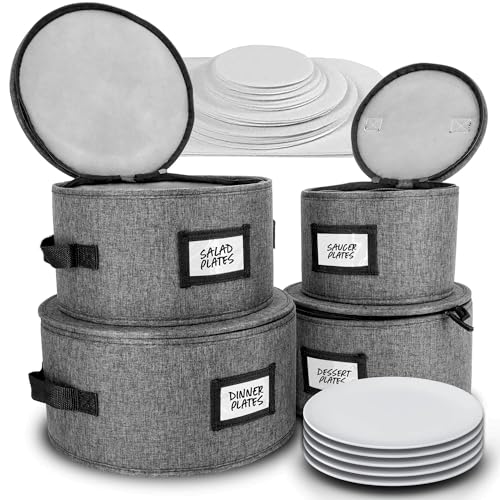 HOMELUX THEORY Hard Shell China Storage Containers for Dishes, 4pcs Plate Storage Containers with Lid, Heavy Duty Dish and Dinnerware Storage with 48 Felt Pads, Kitchen Organizers and Storage - color: Dark Gray, size: 5. Plate Storage Set - 4 Piece