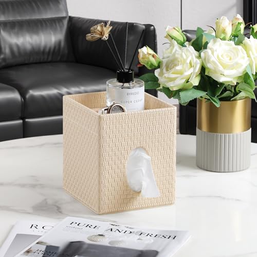 Square Tissue Box Cover, Stylish Leather Tissue Box Holder with Storage Tray, Decorative Tissue Rack Storage Box for Living Room, Bedroom, and Office Desk(Beige Woven Pattern) - color: Beige Woven Pattern