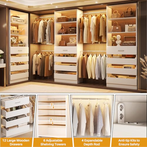Aheaplus Closet System with 12 Drawers, 8.5-11.5Ft Wood Closet Organizer System with 4 Hanging Rods & 3 Towers, 4Ft & 6Ft L-Shaped Walk-in Closets Wardrobe Organizer Clothes Rack, Set of 3, White1 - color: White