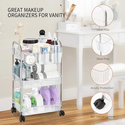 3 Tier Rolling Cart with Hanging Basket, Easy Assembly Acrylic Storage Carts with Lockable Wheels, Utility Cart Storage Organizer Serving for Office, Living Room, Kitchen, Bathroom - style: 3-Tier