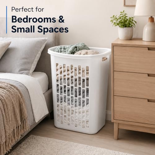 Rectangular Laundry Hamper, Slim Plastic Clothes Basket with Ventilation Holes, Lightweight Open Top Design for Small Spaces, White (2)