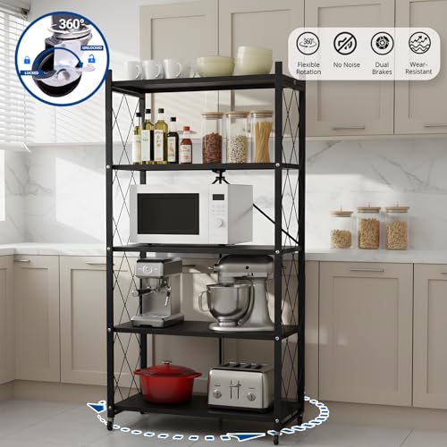 5 Tier Foldable Storage Shelf with Wheels, Heavy-Duty Metal Shelving Unit, No Assembly Book Shelf Rolling Storage Rack for Garage, Kitchen, Pantry, Closet, Exhibition, Office Decor, Black - size: 5-Tier