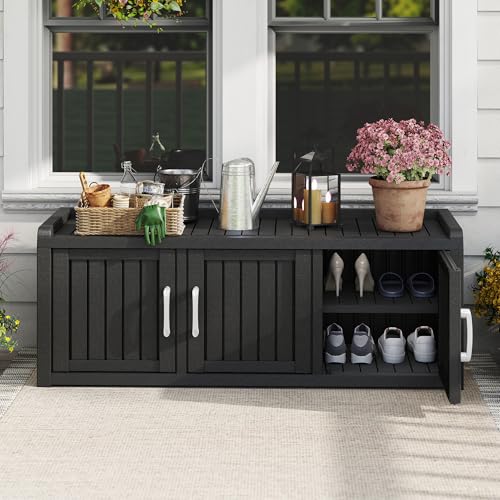 KAMABOKO Outdoor Shoe Storage Cabinet Waterproof UV-Resistant, Entryway Storage Bench Indoor Outdoor with 3 Barn Doors, Adjustable Shelves for Entryway, Bedroom, Hallway,Living Room(Black) - color: Black, size: 3 Door