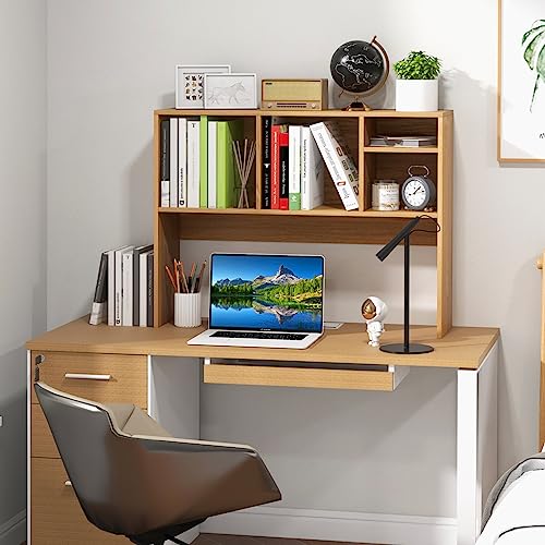 Tangkula Desktop Bookshelf, Countertop Storage Hutch with 4 Shelves for Computer Desk, Desktop 2-Tier Display Rack, Multipurpose Wood Desktop Hutch Storage Organizer for Dorm Office - color: Natural, size: 4 Shelves